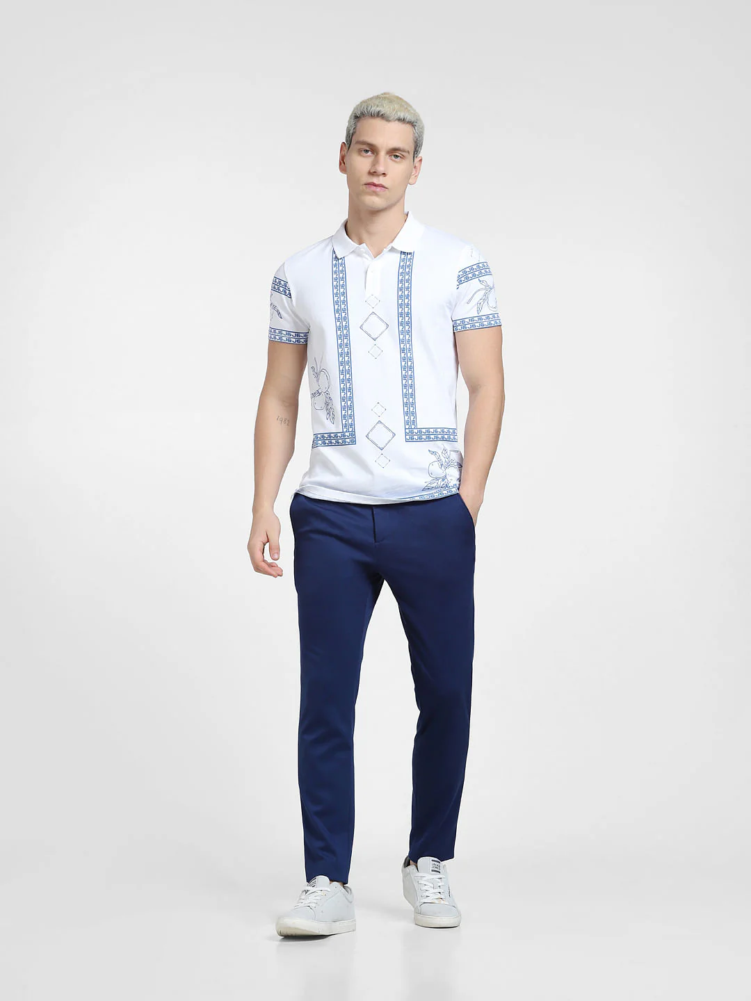 White Printed Polo Neck T-shirt - Image 6