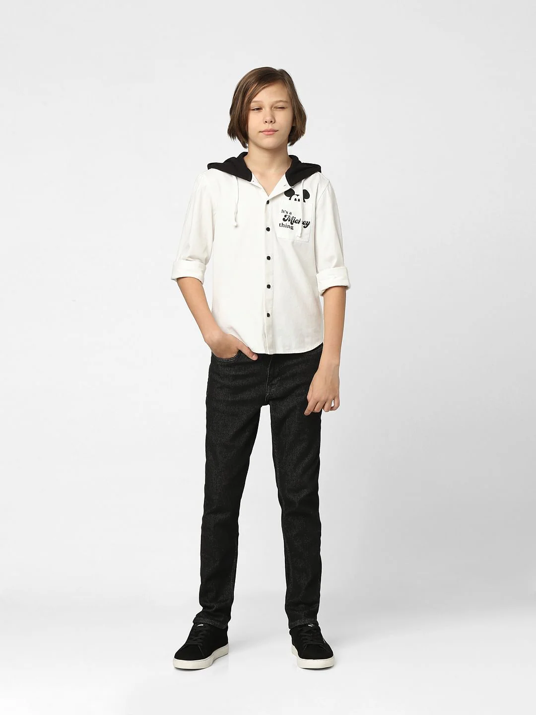 Boys White Mickey Print Hooded Shirt - Image 6