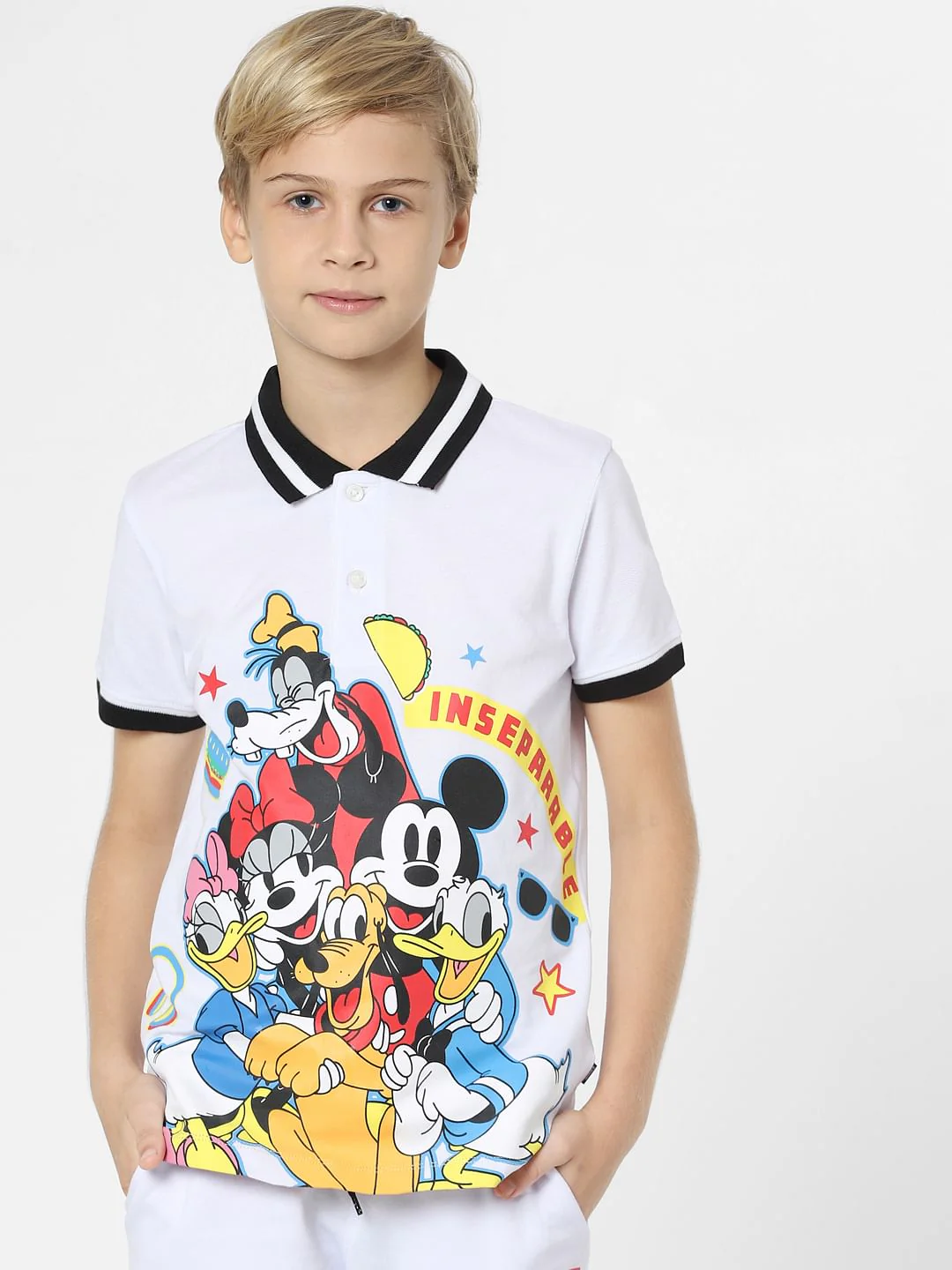 Boys White Mickey Print Polo T-shirt - Image 2
