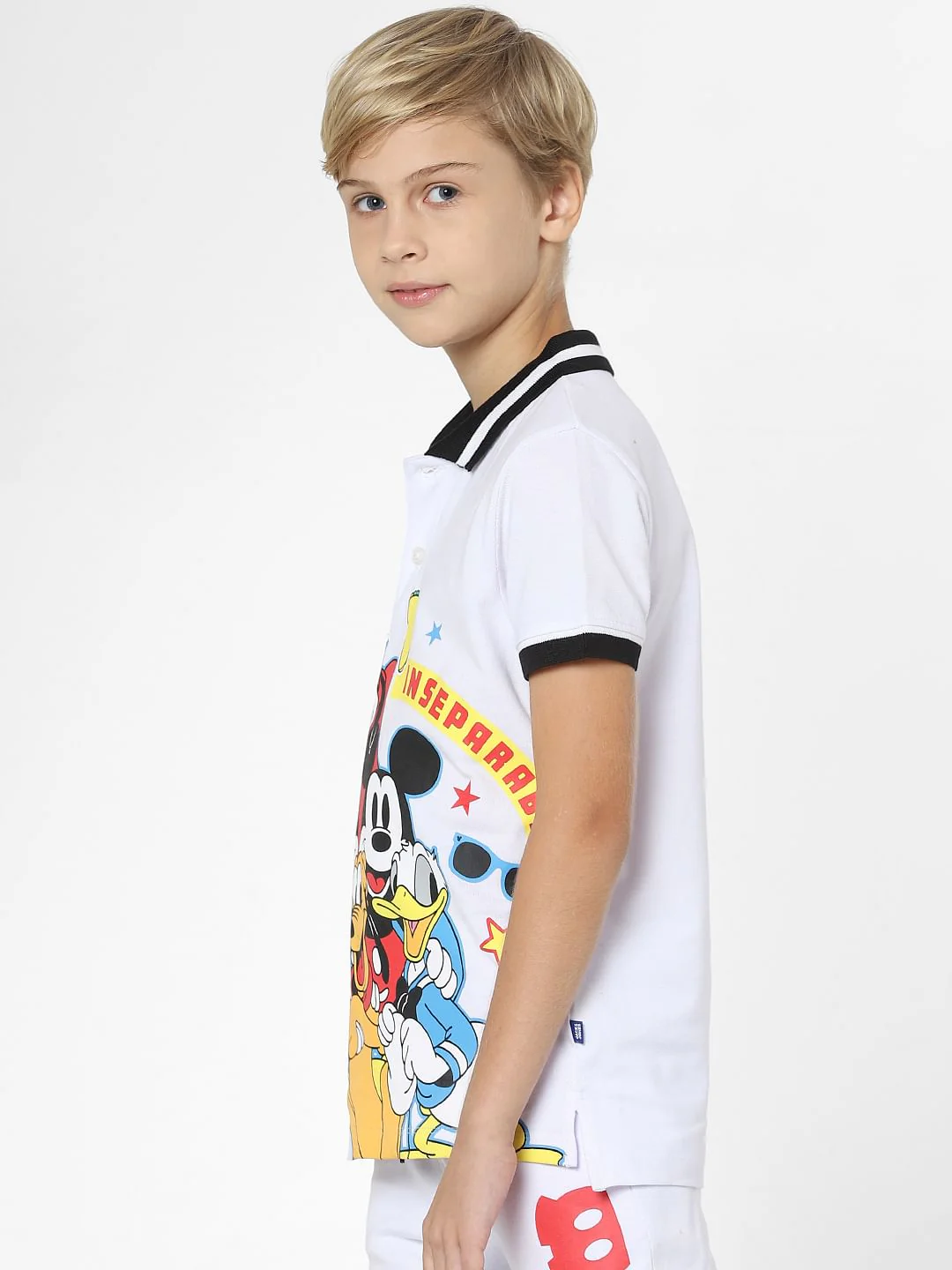 Boys White Mickey Print Polo T-shirt - Image 3