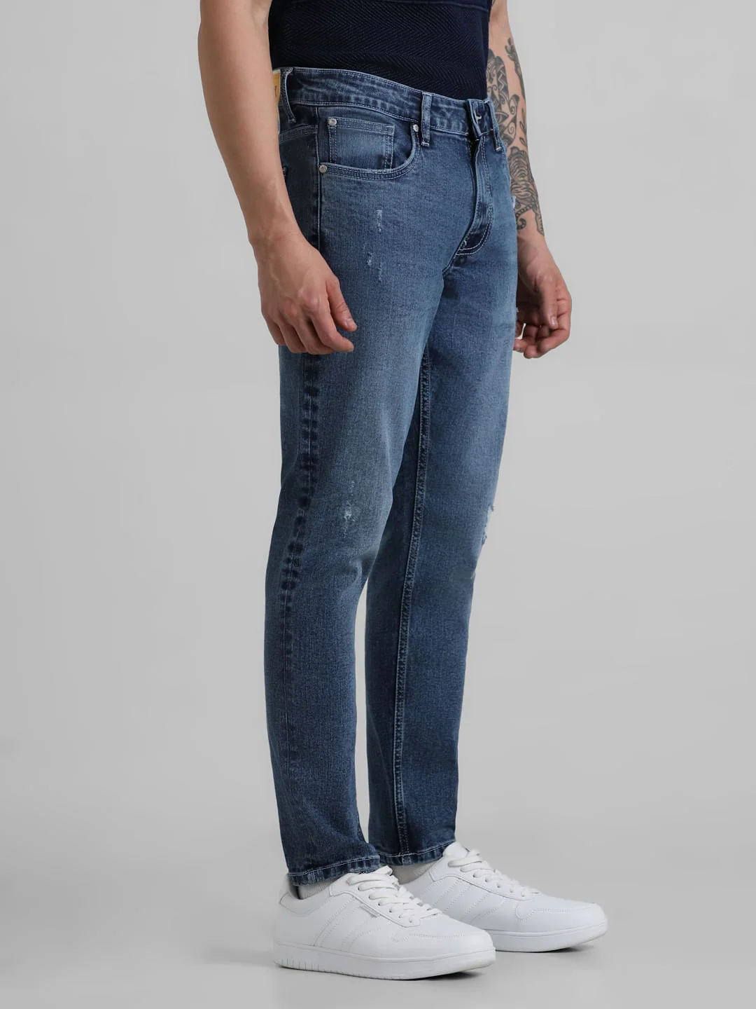 Blue Mid Rise Distressed Brak Slim Jeans - Image 2