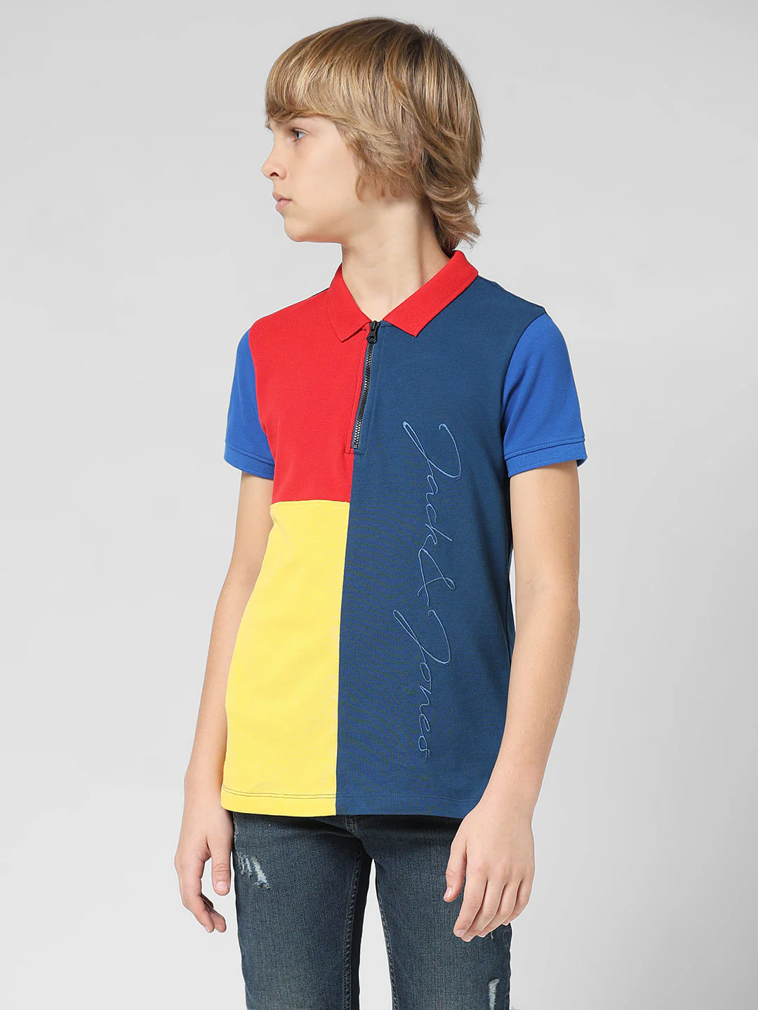 JUNIOR BOYS Blue Colourblocked Polo T-shirt - Image 2