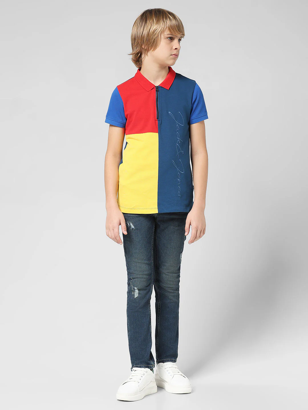 JUNIOR BOYS Blue Colourblocked Polo T-shirt - Image 5