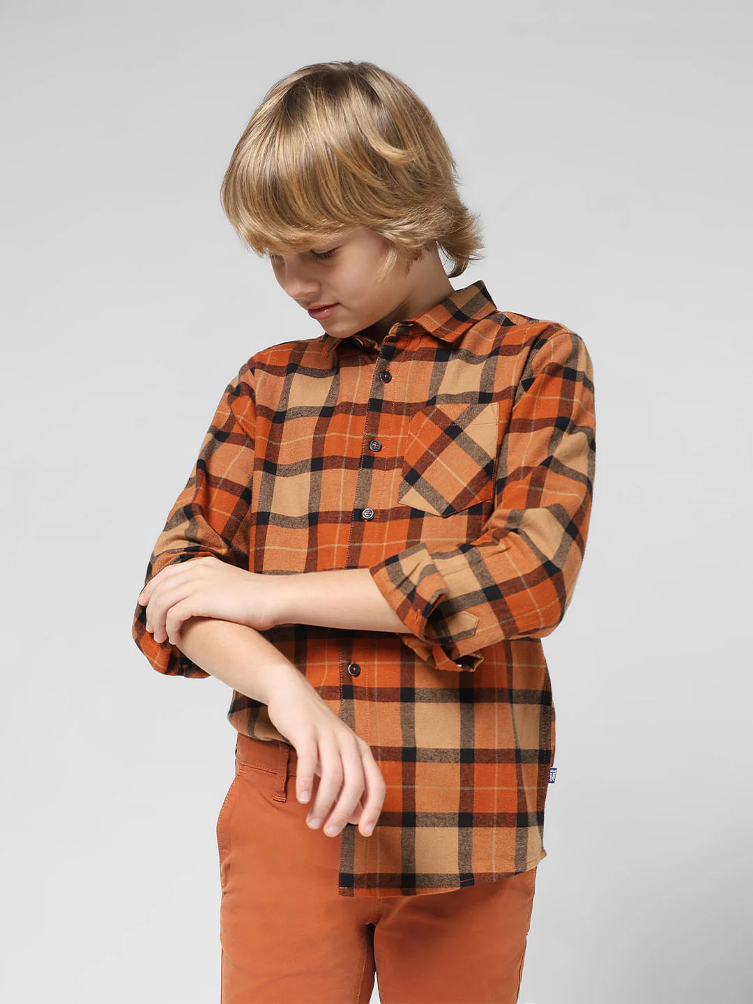 JUNIOR BOYS Orange Check Full Sleeves Shirt