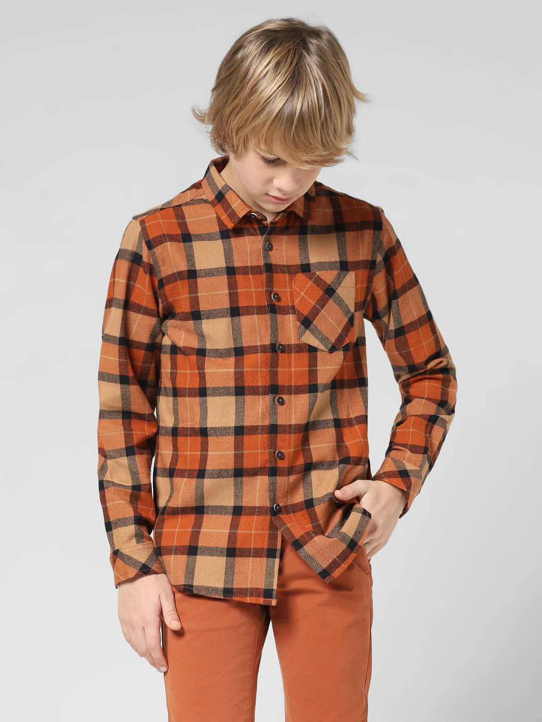 JUNIOR BOYS Orange Check Full Sleeves Shirt - Image 2