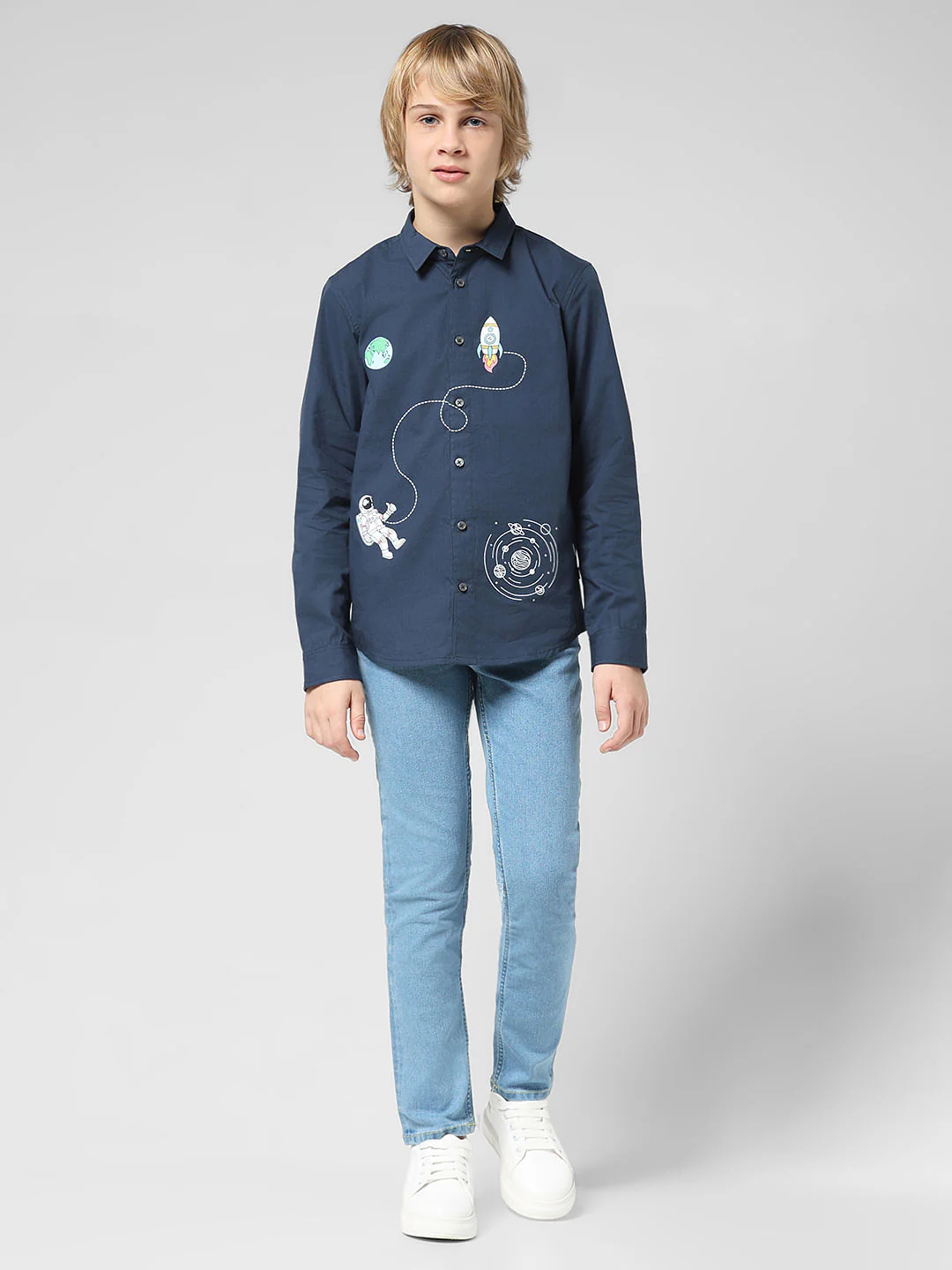JUNIOR BOYS Blue Space Print Full Sleeves Shirt - Image 5
