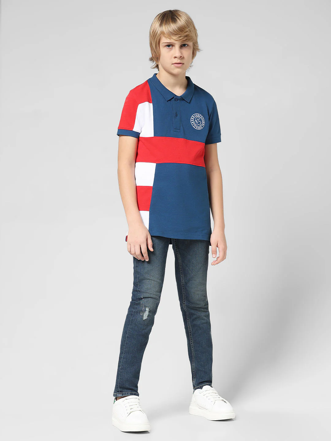JUNIOR BOYS Blue Colourblocked Polo T-shirt - Image 5
