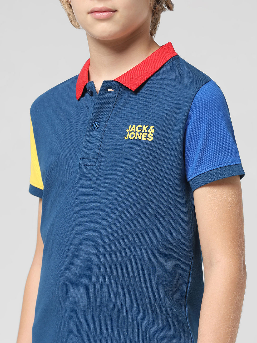 JUNIOR BOYS Blue Colourblocked Polo T-shirt - Image 4