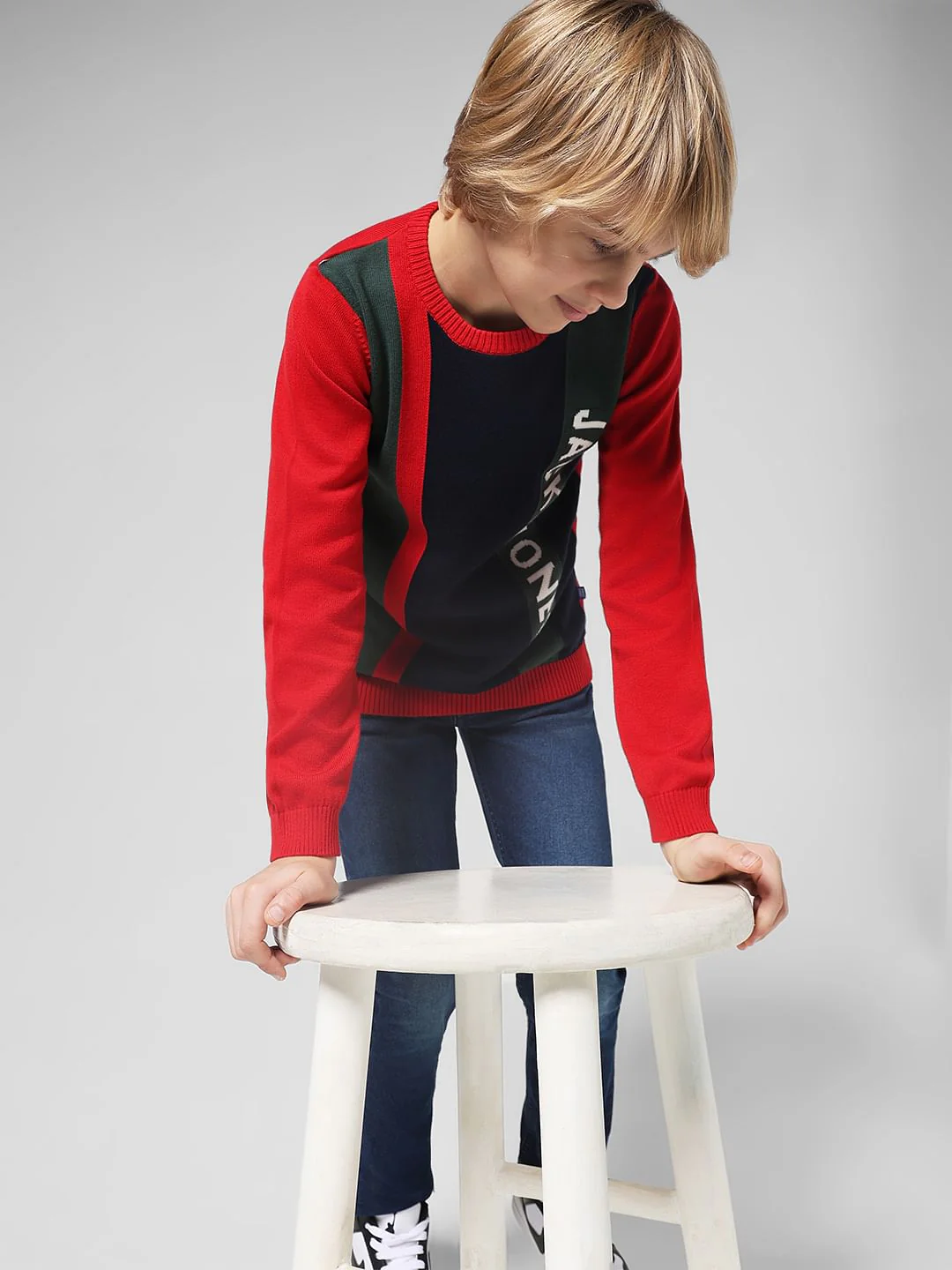 JUNIOR BOYS Red Striped Crew Neck Pullover