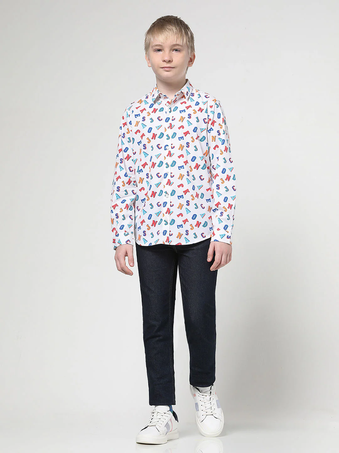 Boys White Logo Print Full Sleeves Shirt - Image 5