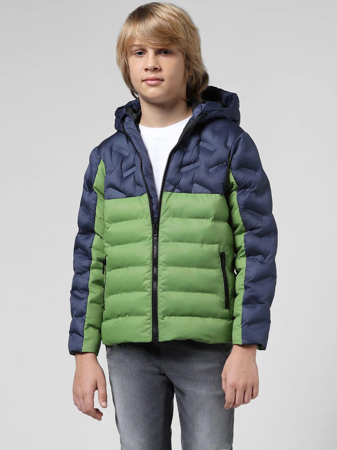 JUNIOR BOYS Blue Colourblocked Puffer Jacket - Image 2