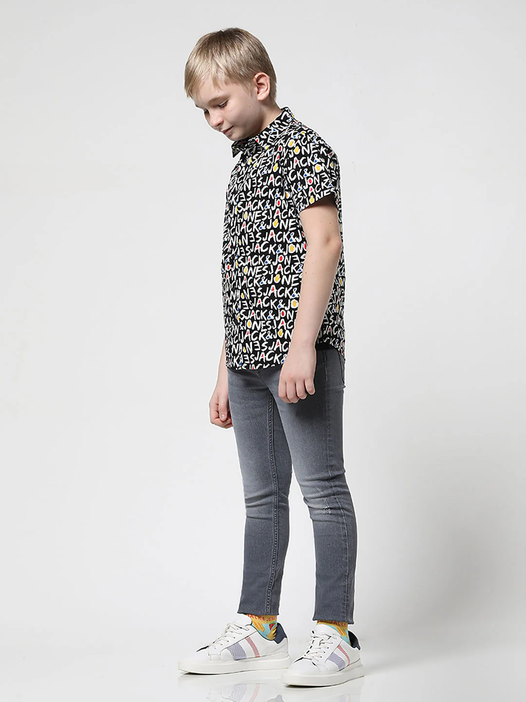 Boys Black Logo Print Short Sleeves Shirt