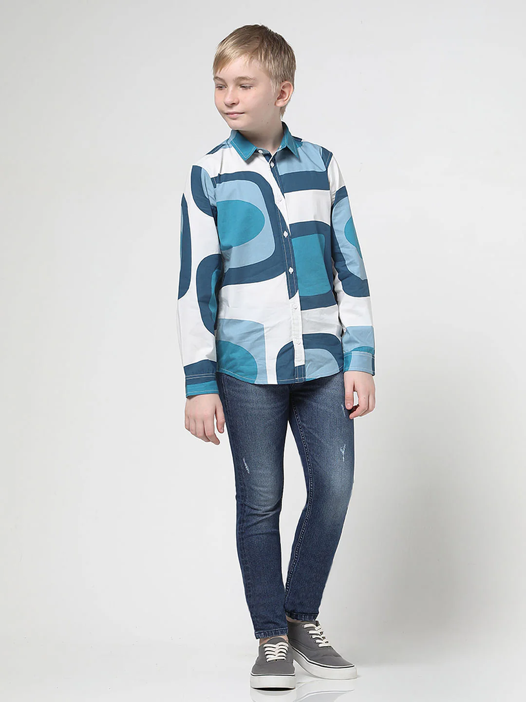 Boys White Abstract Print Full Sleeves Shirt - Image 5