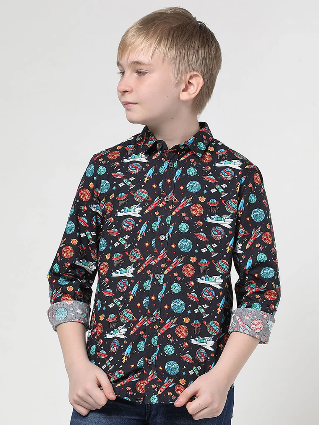 Boys Black Space Print Full Sleeves Shirt - Image 2