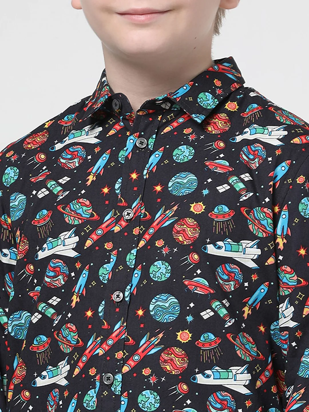 Boys Black Space Print Full Sleeves Shirt - Image 4