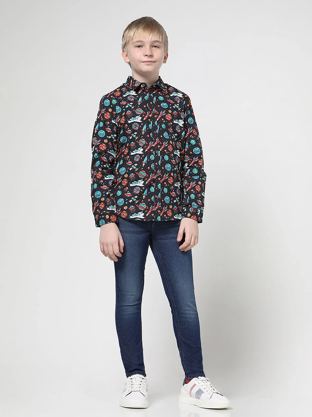 Boys Black Space Print Full Sleeves Shirt - Image 5
