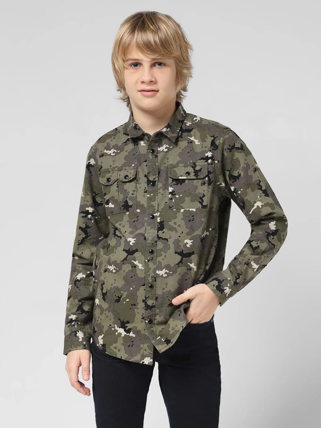 JUNIOR BOYS Green Camo Print Full Sleeves Shirt - Image 2