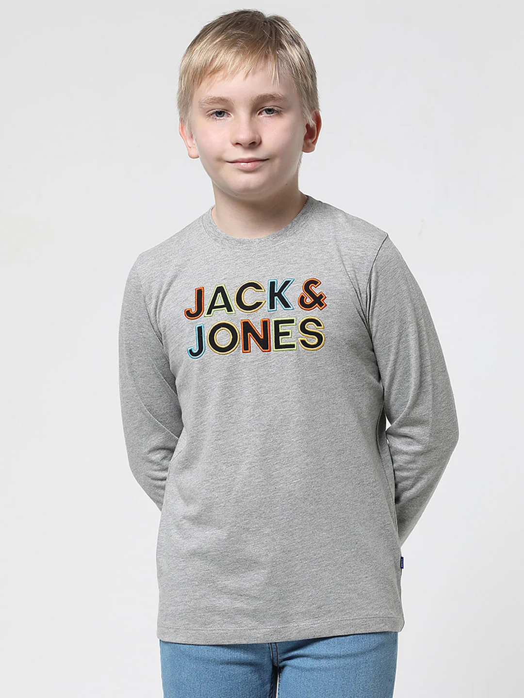 Boys Grey Logo Print Full Sleeves T-shirt - Image 2