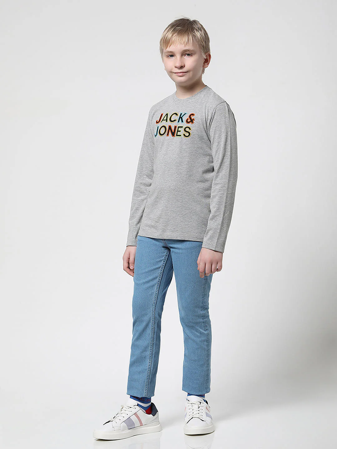 Boys Grey Logo Print Full Sleeves T-shirt - Image 6