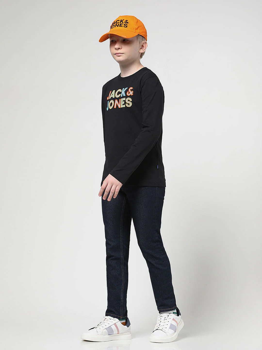 Boys Black Chest Branding Full Sleeves T-shirt