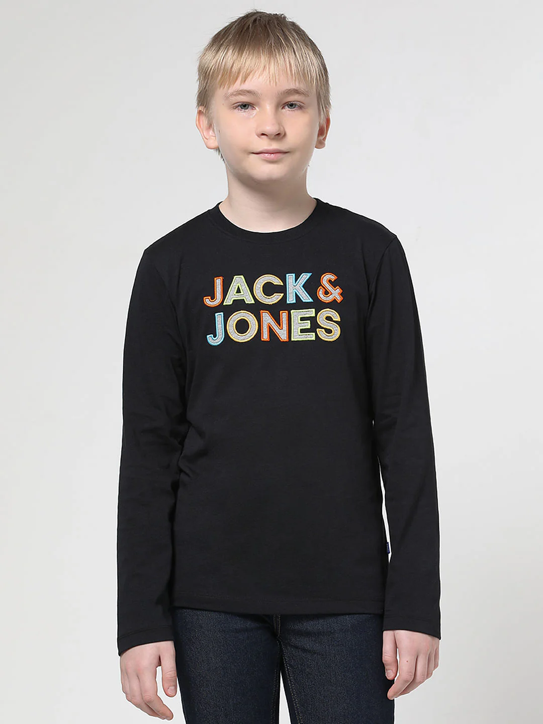 Boys Black Chest Branding Full Sleeves T-shirt - Image 2