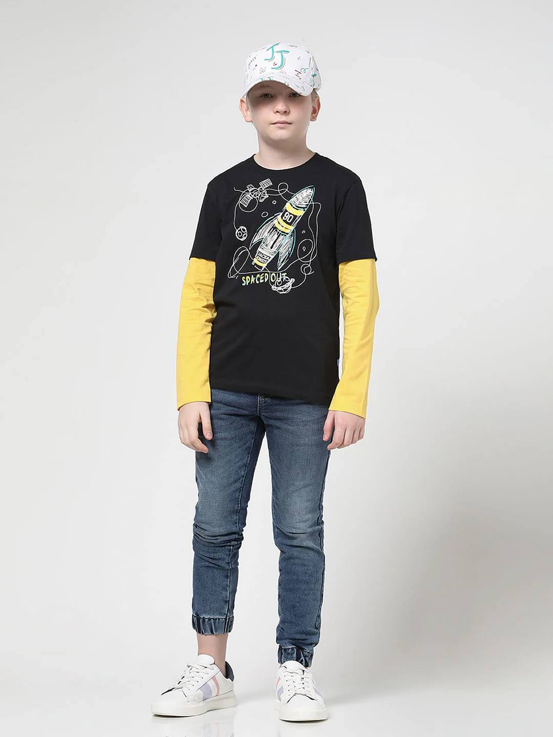 Boys Black Spaced-Out Crew Neck T-shirt