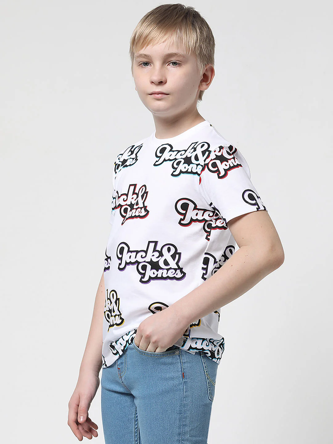 Boys White Logo Print Crew Neck T-shirt - Image 3