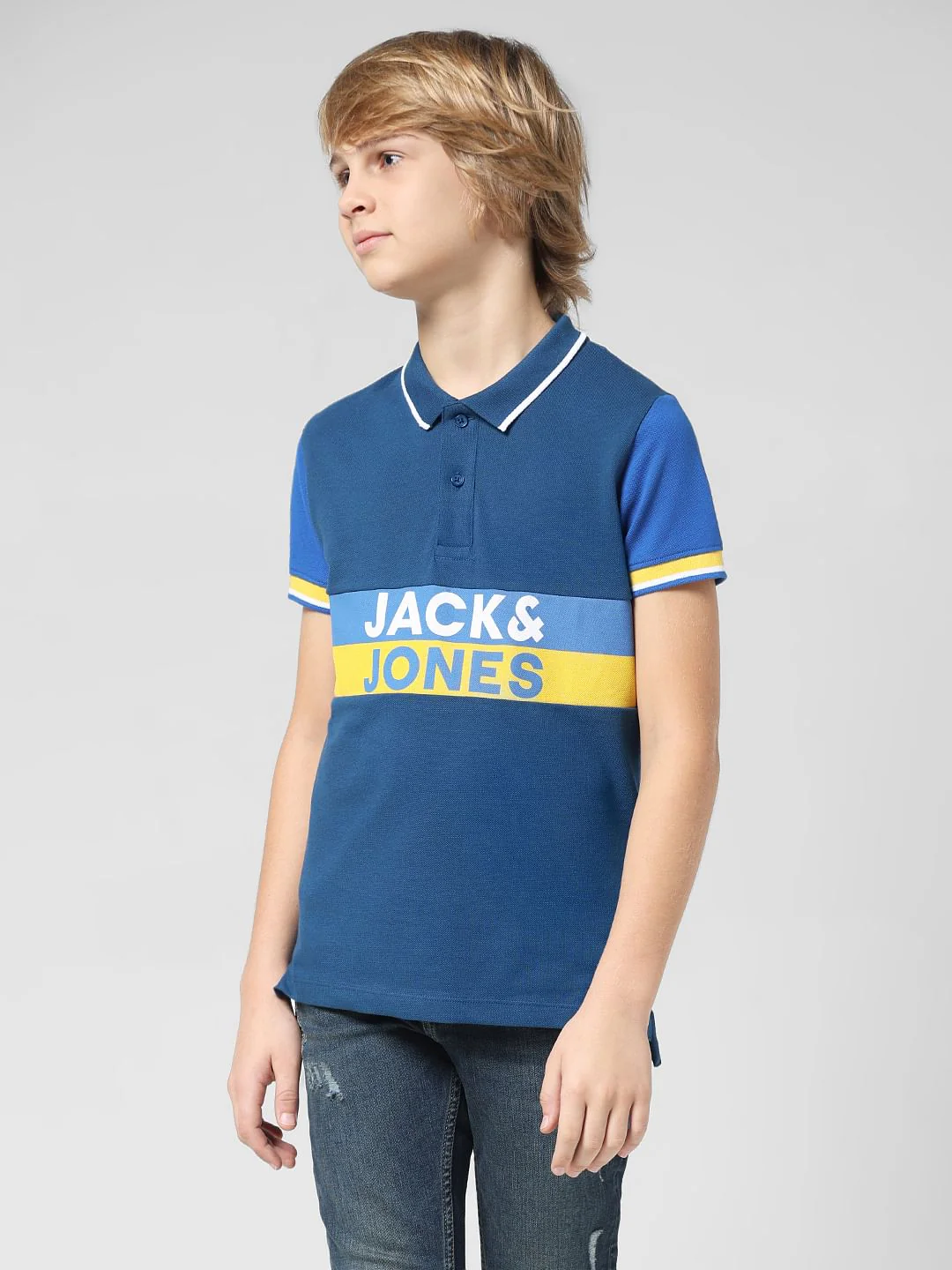 JUNIOR BOYS Blue Typographic Print Polo T-shirt - Image 2