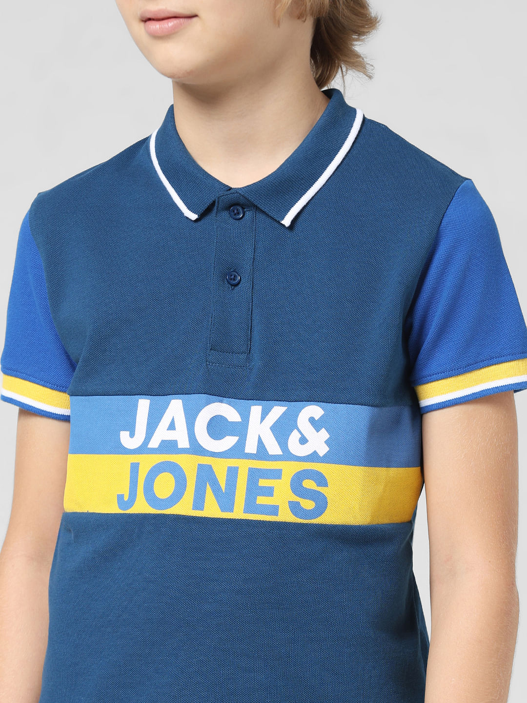 JUNIOR BOYS Blue Typographic Print Polo T-shirt - Image 4