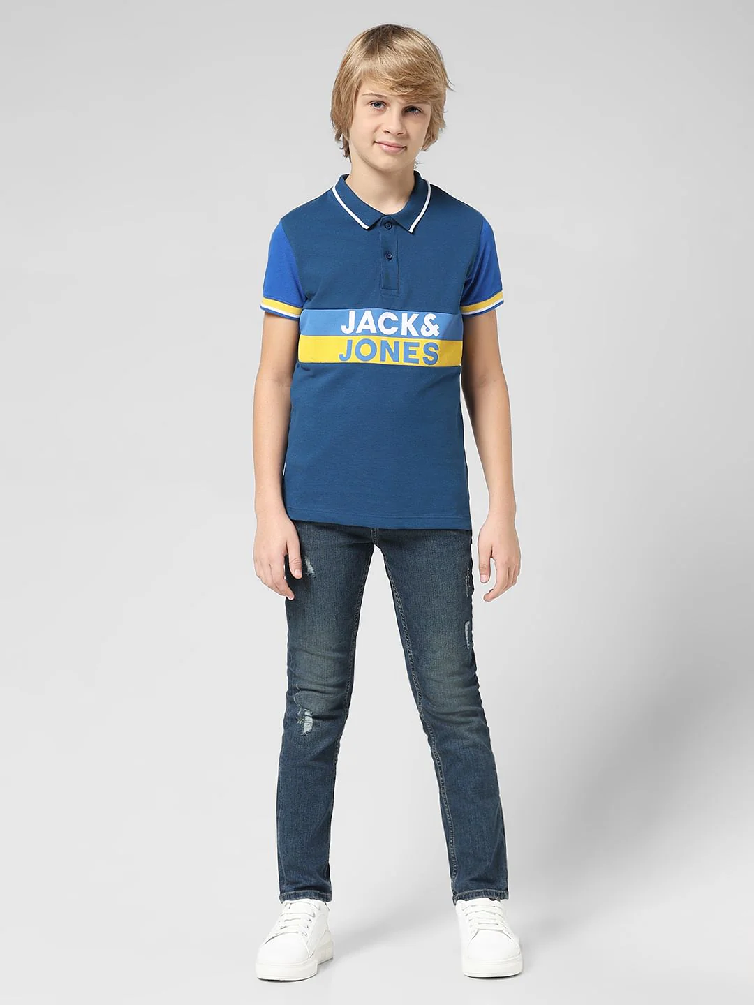 JUNIOR BOYS Blue Typographic Print Polo T-shirt - Image 5
