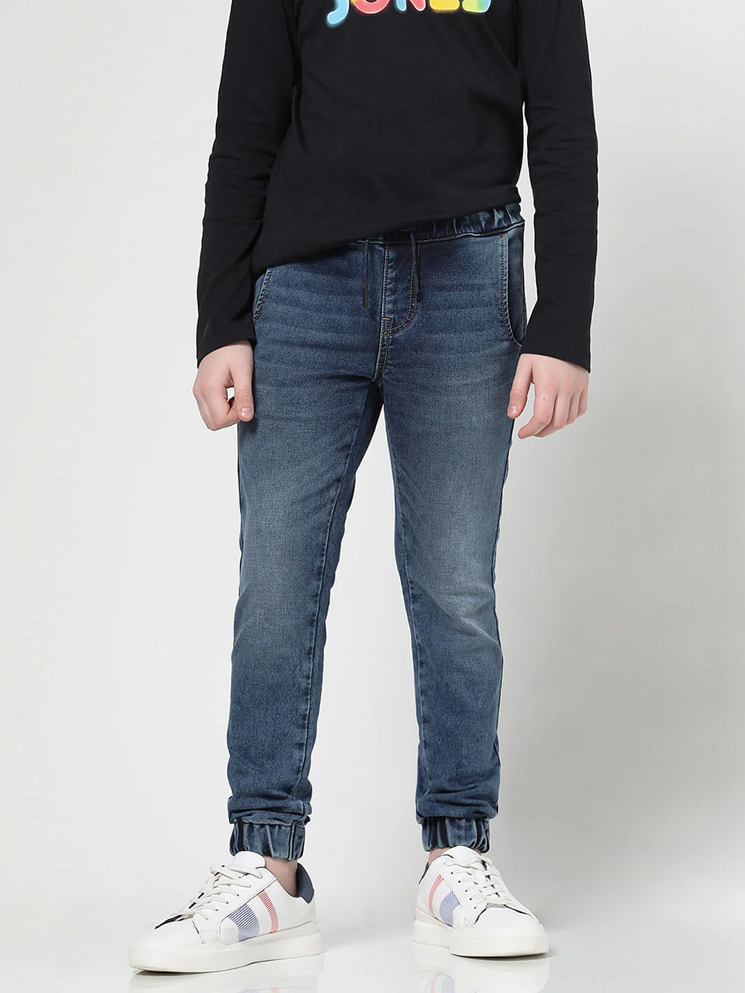 Blue Mid Rise Denim Joggers - Image 2