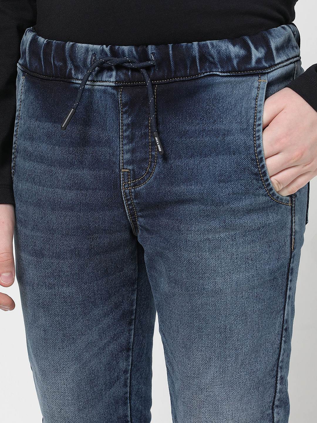 Blue Mid Rise Denim Joggers - Image 4