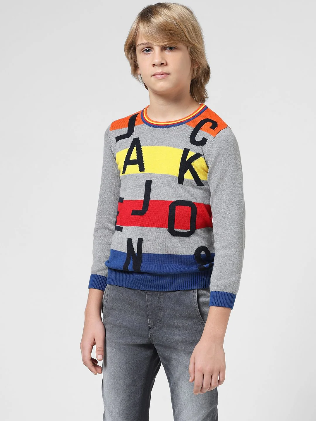JUNIOR BOYS Grey Striped Logo Print Pullover - Image 2