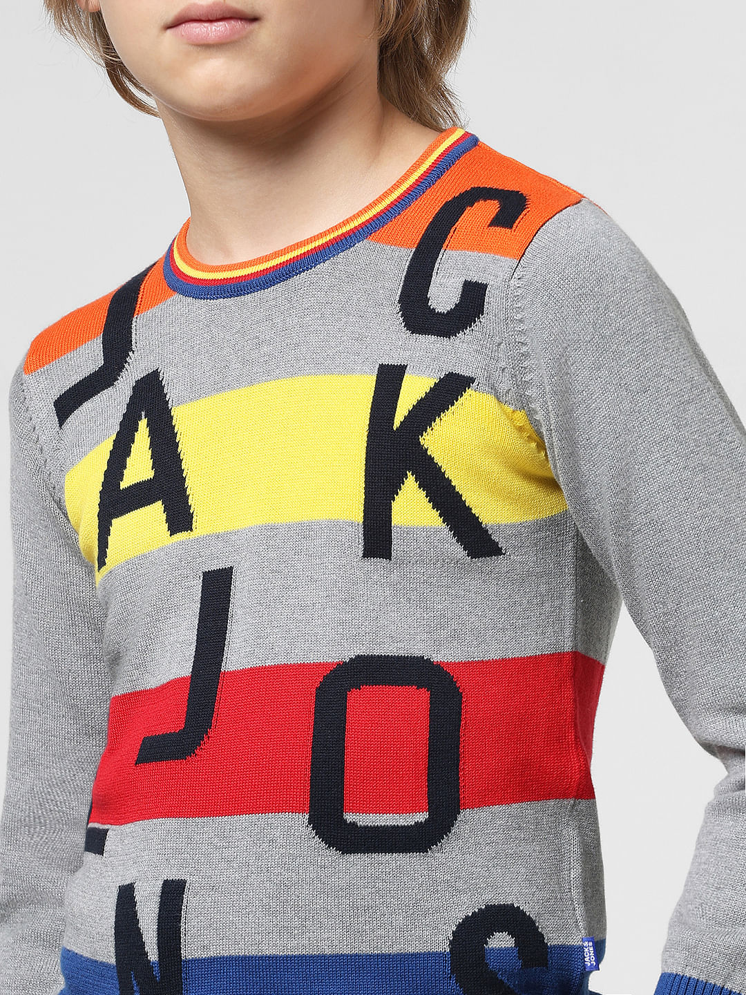JUNIOR BOYS Grey Striped Logo Print Pullover - Image 4