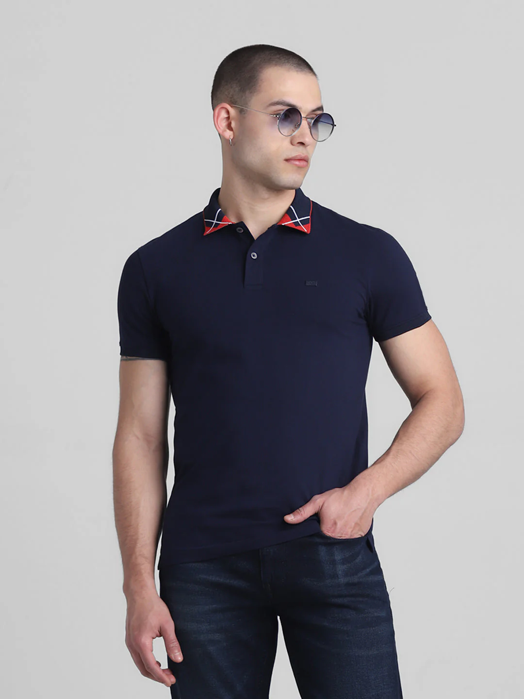 Navy Blue Printed Collar Detail Polo