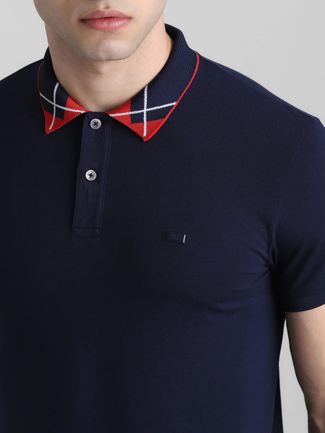 Navy Blue Printed Collar Detail Polo - Image 5