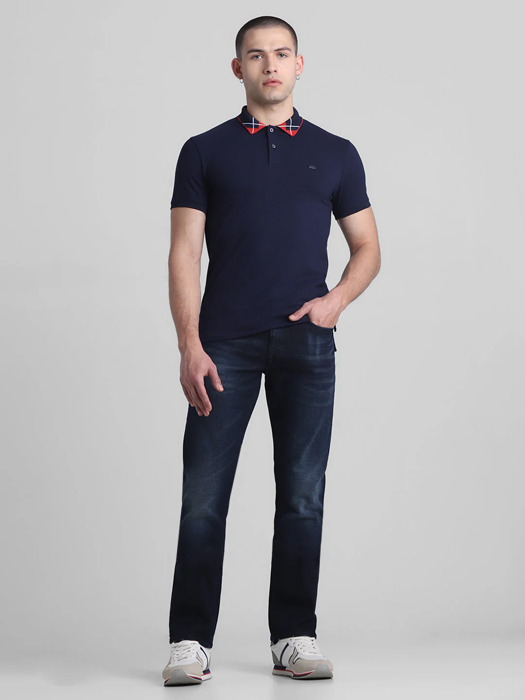 Navy Blue Printed Collar Detail Polo - Image 6