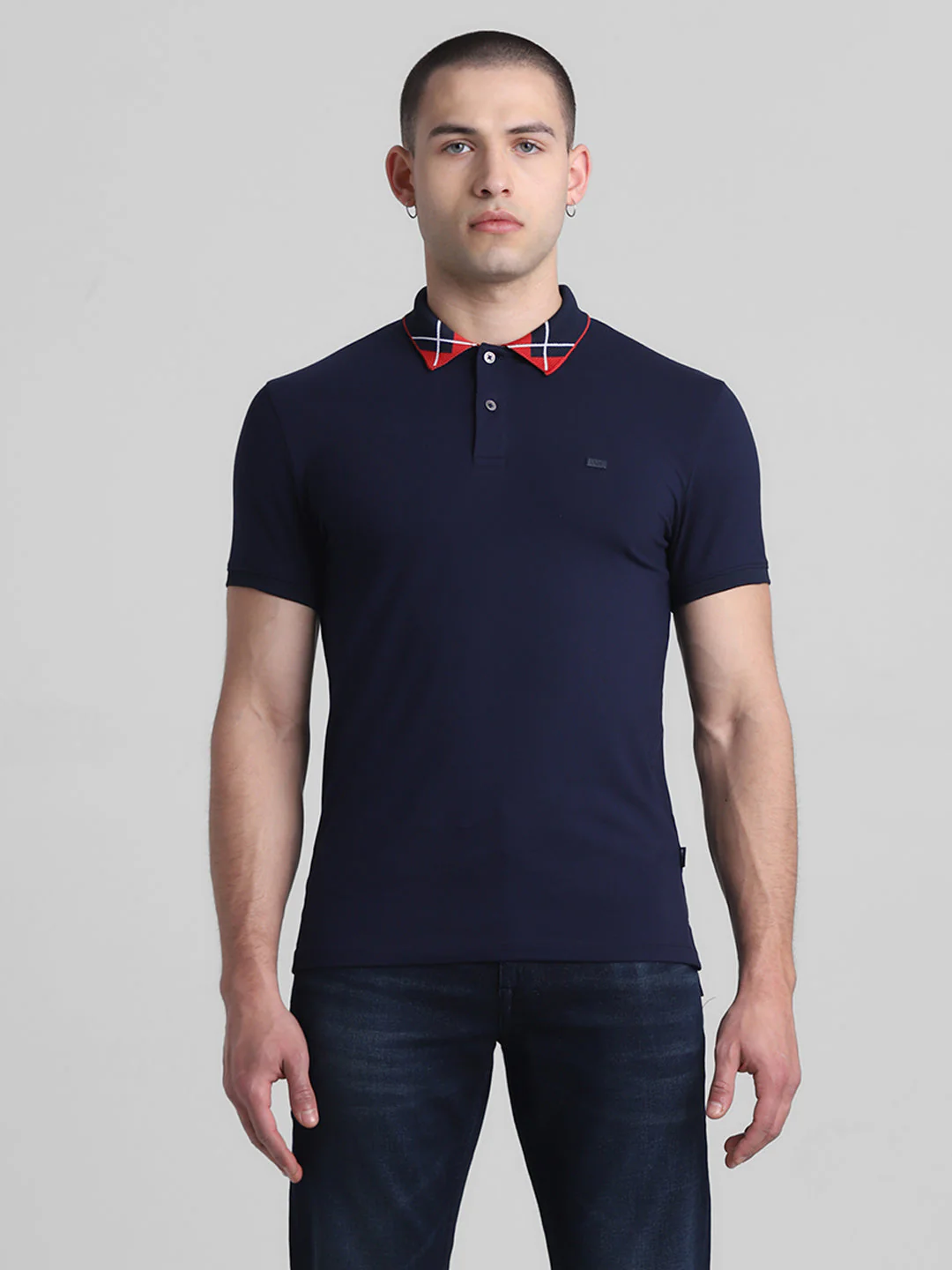 Navy Blue Printed Collar Detail Polo - Image 8