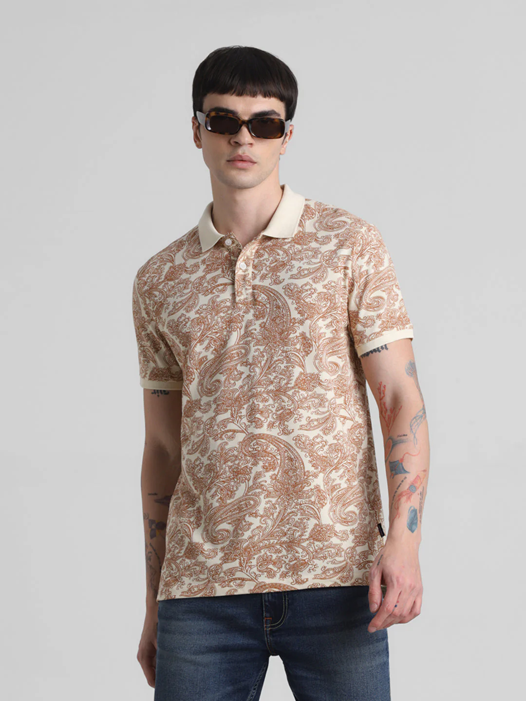 White Paisley Print Polo