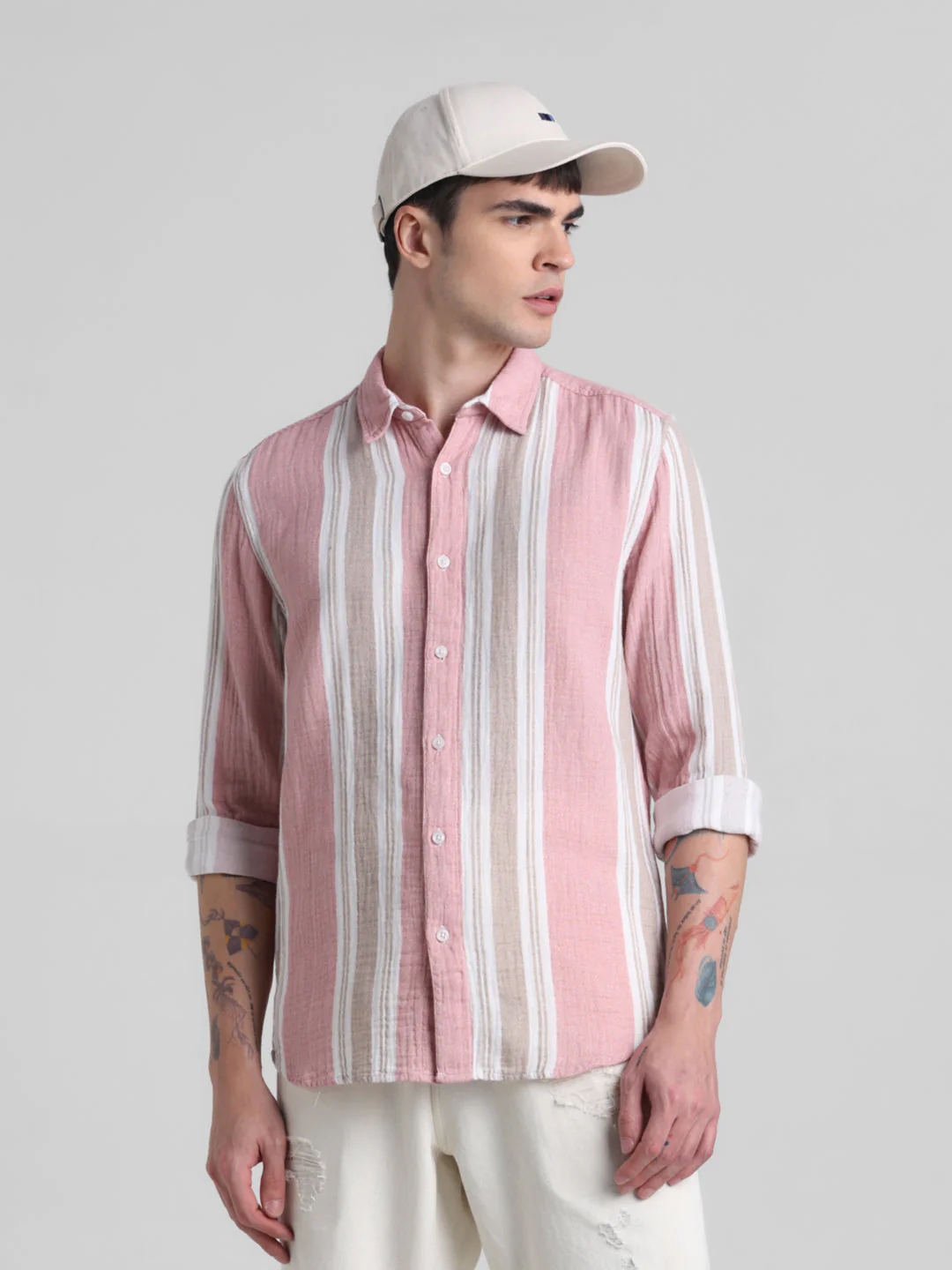 Light Pink Colourblocked Striped Shirt
