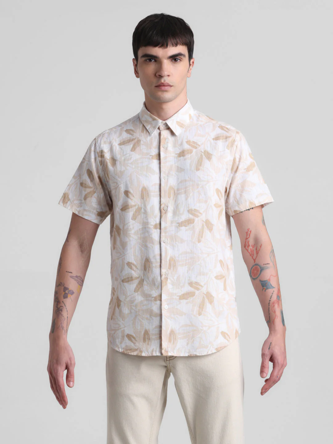 Beige Floral Short Sleeve Shirt - Image 8