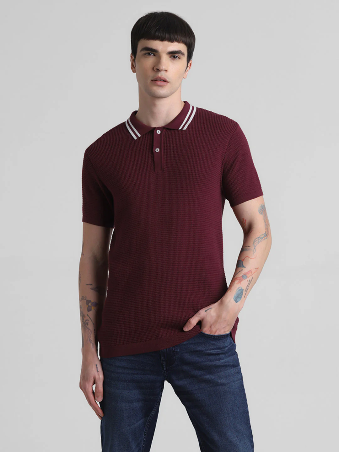 Dark Red Cotton Flat Knit Polo - Image 2