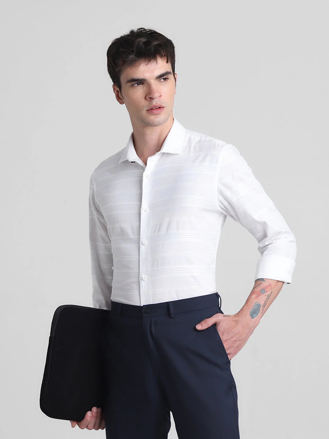 White Dobby Striped Cotton Shirt