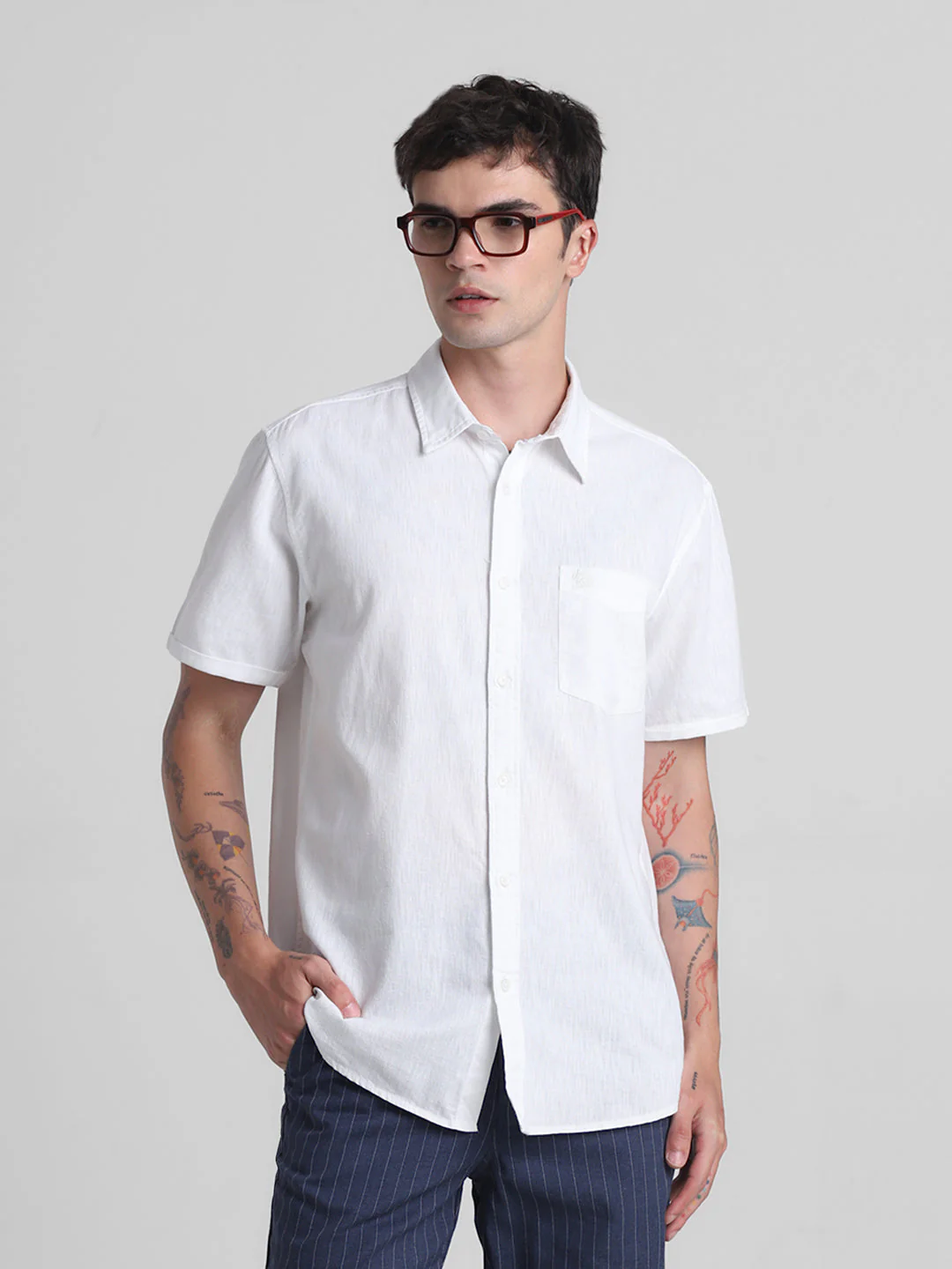 White Linen Blend Short Sleeves Shirt