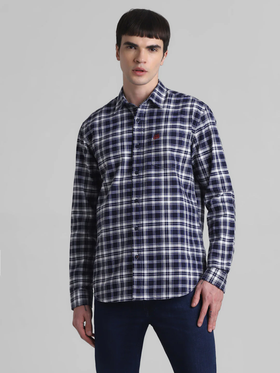 Navy Check Patch Pocket Cotton Shirt - Image 2