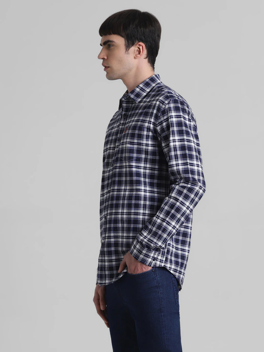 Navy Check Patch Pocket Cotton Shirt - Image 3