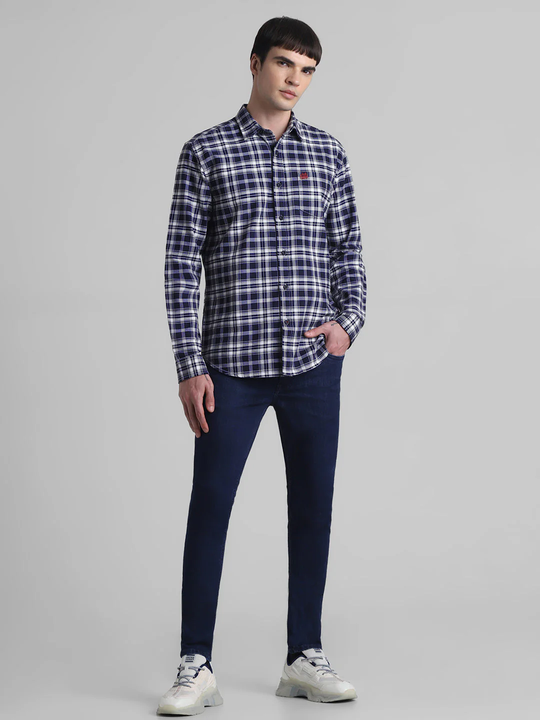 Navy Check Patch Pocket Cotton Shirt - Image 6