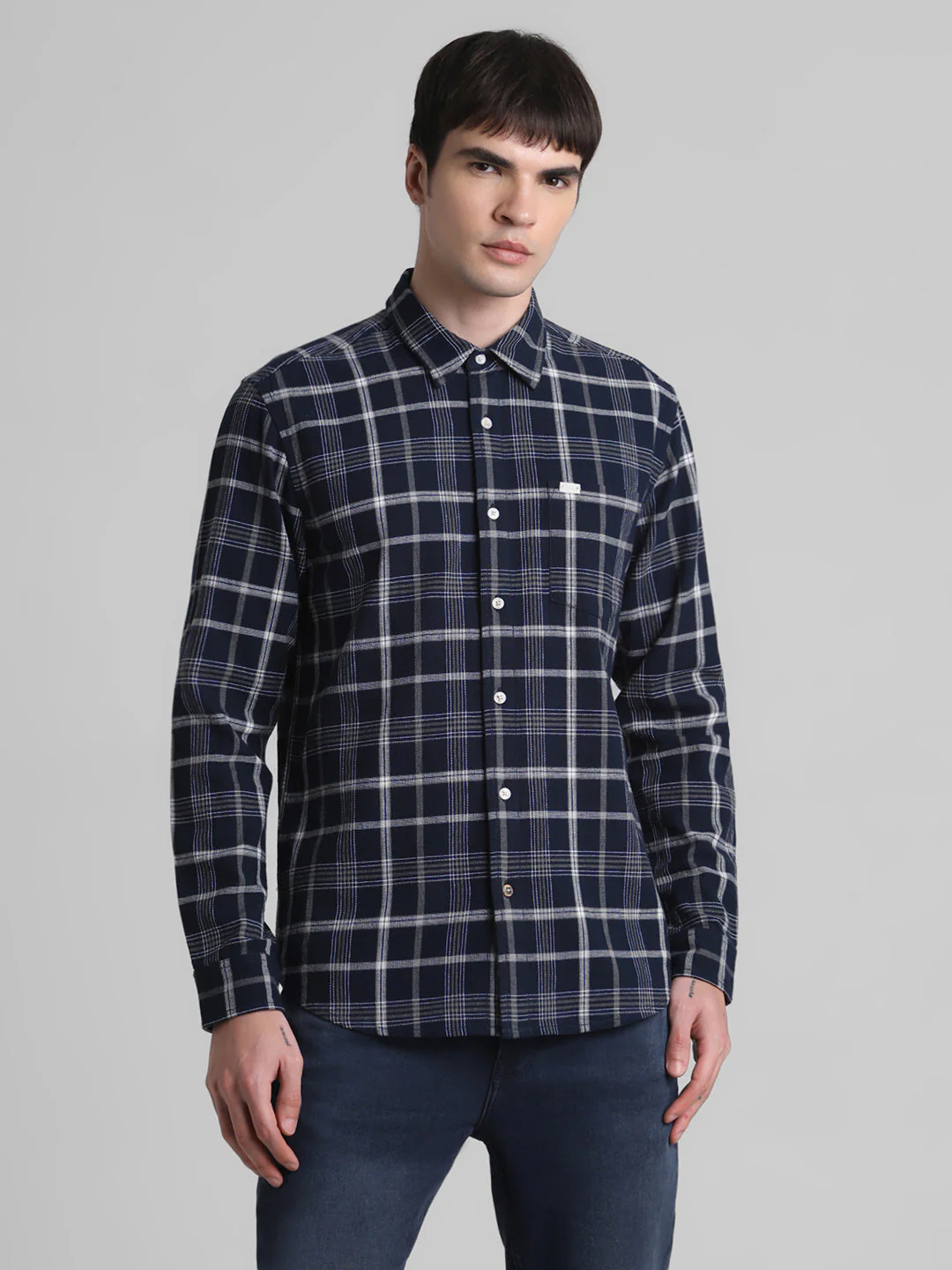 Navy Blue Check Patch Pocket Shirt - Image 2
