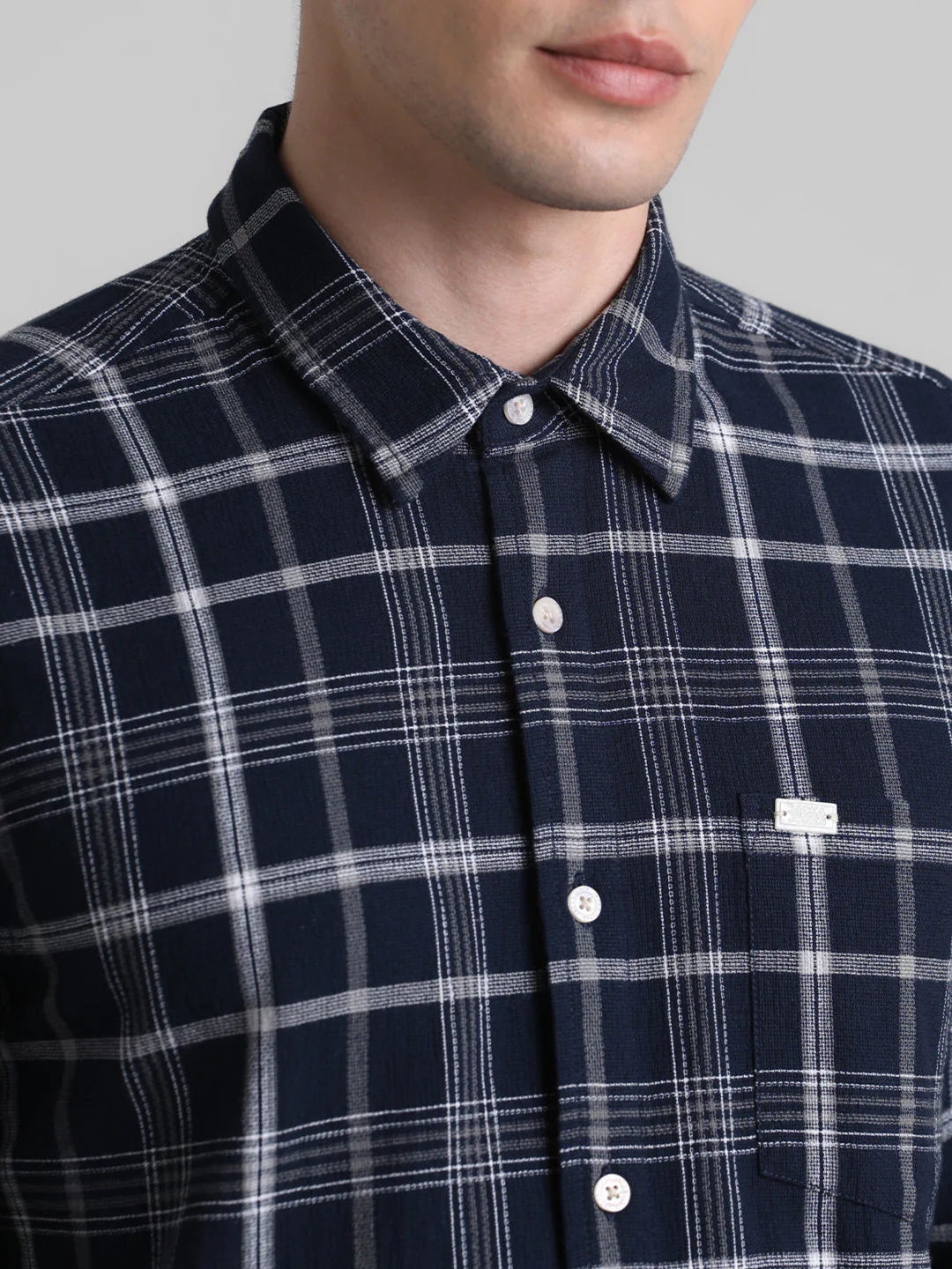Navy Blue Check Patch Pocket Shirt - Image 5