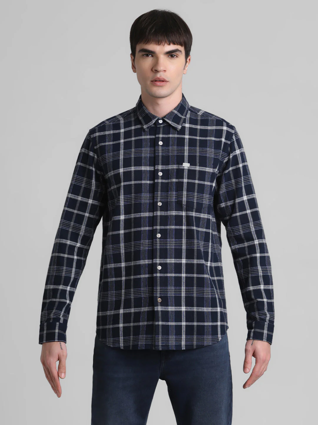Navy Blue Check Patch Pocket Shirt - Image 8